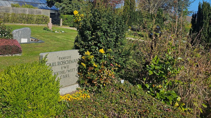 Ein ruhiges Friedhofsgrundstück mit einem Gedenkstein, umgeben von Grün und Blumen unter einem klaren blauen Himmel.