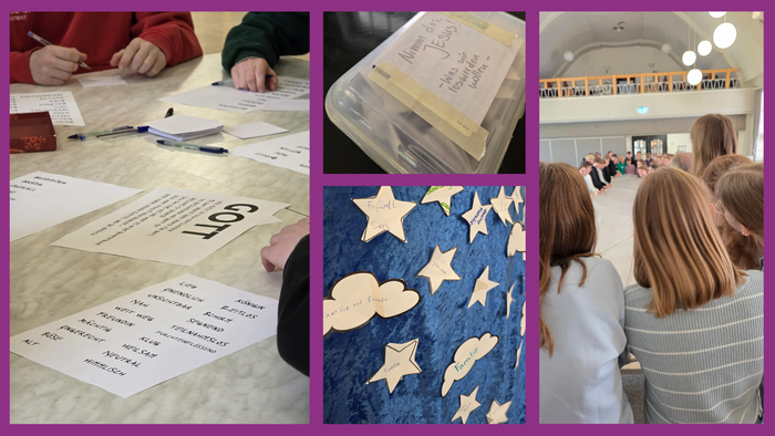 Eine Collage aus vier Fotos, die zeigen, wie die Kofis arbeiten, Sterne und Wolken aus Papier hängen auf blauer Wand.