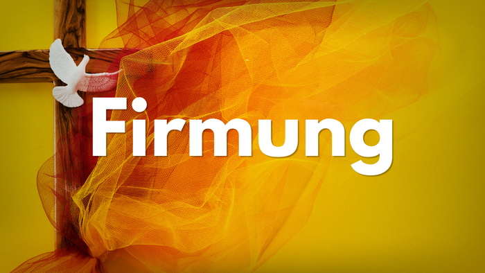 Grafik mit einer Taube und einem Kreuz mit dem Wort „Firmung“ auf einem leuchtend gelb-orangen Hintergrund.