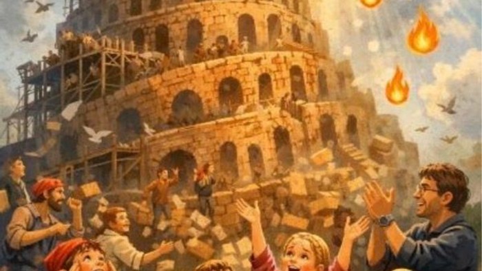 Babelstårn med stillads omkring, glade børn og voksne i forgrunden, hvid due på himlen, dryp af flammer