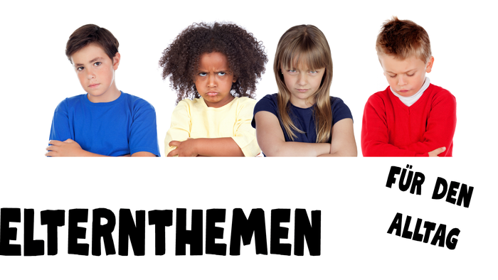 Vier Kinder mit ernsten Gesichtern unter dem Text *„ElternThemen für den Alltag“*, der Erziehungsthemen für den täglichen Leben vorschlägt.