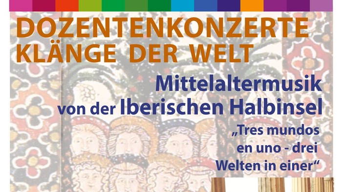 Kostenloses Konzertplakat für mittelalterliche iberische Musik von Triphonia mit Gaby Bültmann, Amanda Simmons und Leila Schoeneich am 26. Mai.