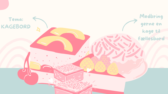 Flot pyntede kager i pastelfarver lyseblå, lyserød, gul og hvid 