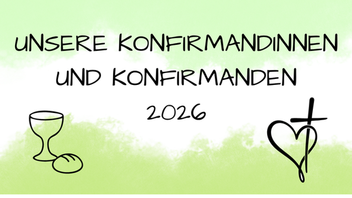 „Eine feierliche Ankündigung für 2026 an Konfirmand:innen der deutschen Kirche mit symbolischen christlichen Ikonen.“