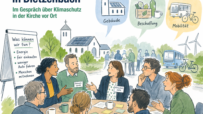 Illustration eines synodalen Abends: Mehrere Menschen sitzen an einem runden Tisch und diskutieren engagiert über Klimaschutz in der Kirche. Auf einem Flipchart stehen Stichworte wie Energie, fair einkaufen, weniger Auto fahren und Menschen mitnehmen. Im 