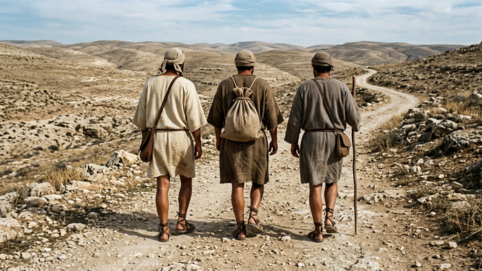 Drei Männer sieht man von hinten, wie sie nach Emmaus wandern.