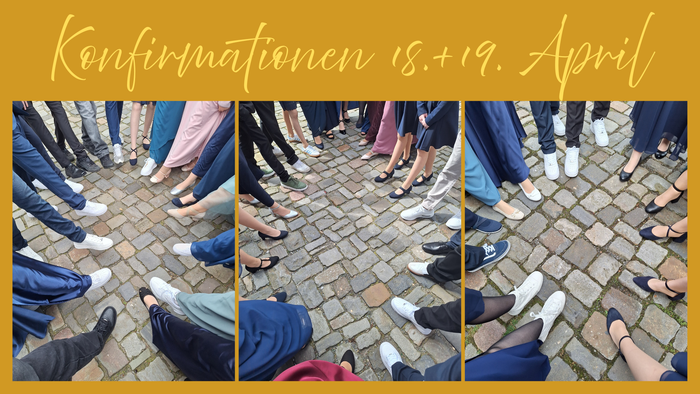 Zu sehen ist eine Collage aus drei Fotos die die Füße der jeweiligen Konfirmandengruppe in einem Kreis zeigen.