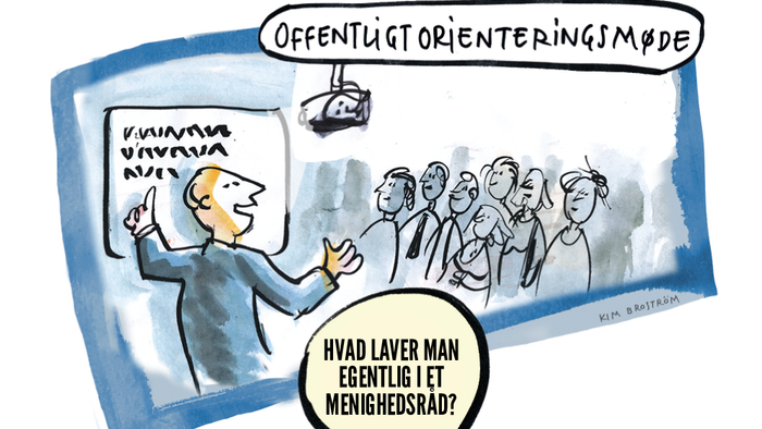 En humoristisk scene, der illustrerer et offentligt møde, hvor en taler forklarer, hvad et lokalråd egentlig laver.