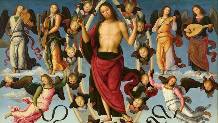 Das Bild zeigt eine religiöse Szene mit vielen Engeln und Menschen, die Jesus Christus anbeten.