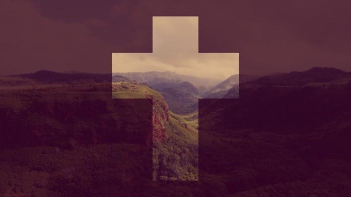 Cross overlaying serene mountain landscape