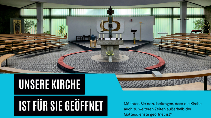 „Innenraum der Kirche – Einladung an die Gemeinde zur Nutzung außerhalb der regulären Gottesdienstzeiten: freitags von 16:30 bis 18:00 Uhr.“