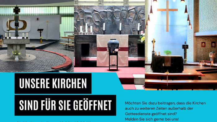 Kirchen sind für die Öffentlichkeit mit festgelegten Öffnungszeiten und Kontaktdaten für die Gemeindearbeit zugänglich.