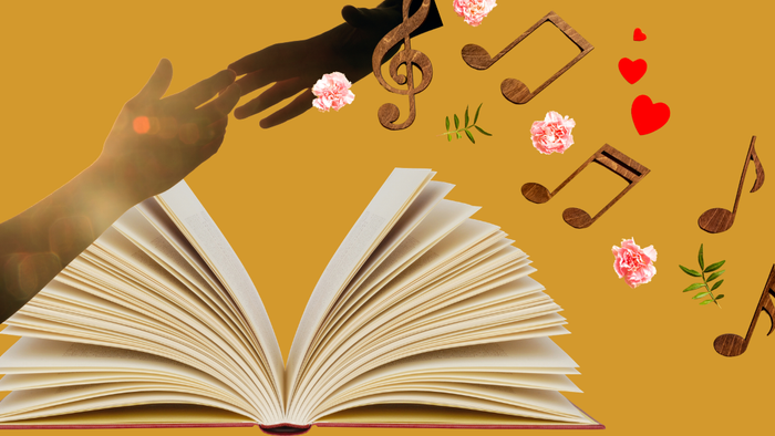 En åben bog med noder, blomster og hjerter svævende rundt, som symboliserer kreativitet og inspiration.