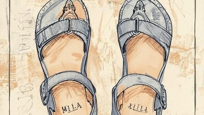 Håndtegnet illustration af to personlige sandaler med navnene