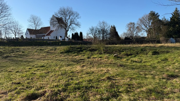 En fredfyldt landskabsscene med et hvidt hus, en åben græsmark og løvfri træer under en klar himmel.
