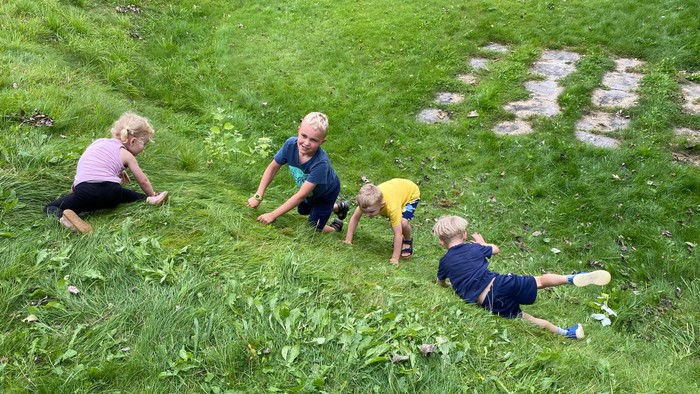 Fire børn spiller på en grøn eng.