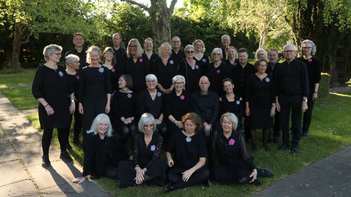 Gruppe af ældre personer i matchende sorte påklædninger, der poserer muntert udendørs nær træer.