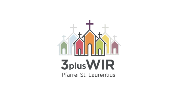 Bunte Kirchensilhouetten-Logo mit dem Text „3plusWIR“ und „Pfarrei St. Laurentius“ darunter auf schwarzem Hintergrund.