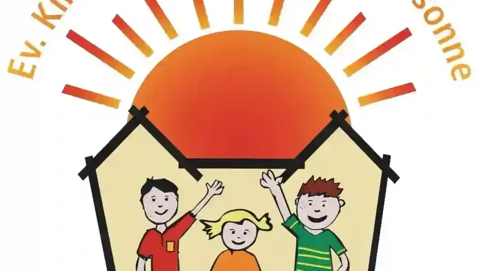 Logo für die „Ev. Kindertagesstätte Morgensonne“, das fröhliche Kinder unter einer lächelnden Sonne zeigt.