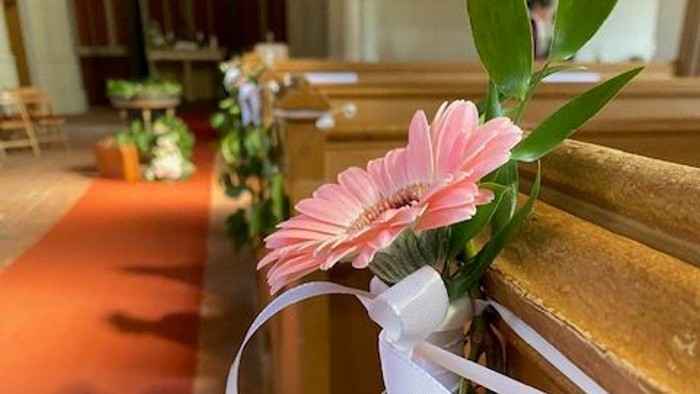 Elegante Blumendekorationen mit rosa Gerbera-Blumen und Bändern, die an hölzernen Kirchenbänken befestigt sind.