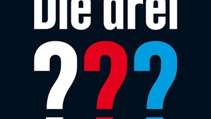 „Deutsche Phrase *‚Die drei‘* mit drei Fragezeichen in den Farben Weiß, Rot und Blau vor einem dunklen Hintergrund.“