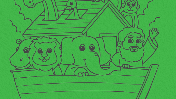 Verspielte Illustration einer Arche Noah mit verschiedenen Tieren und einem Mann auf einem grünen Boot.