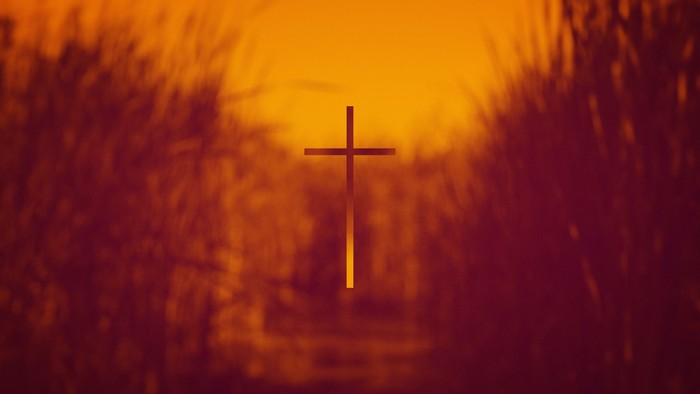 A glowing cross in a reddish, ethereal background.