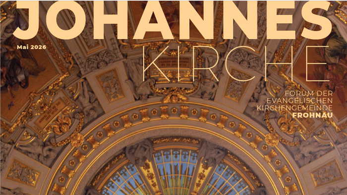 Titelblatt des Magazins „Johannes Kirche“ mit einer majestätischen Kuppel, einem strahlenden zentralen Taubensymbol und prunkvollen architektonischen Details.