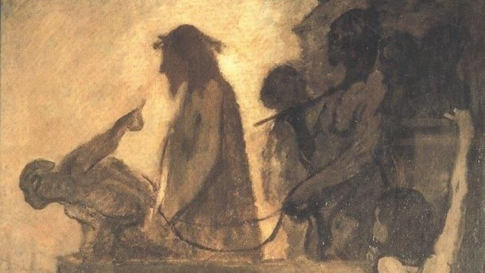 Mytologisk scene, der skildrer en dyster, dramatisk forsamling af figurer på en klippefremspring.