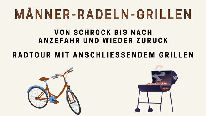 Plakat für eine Männer-Radfahrt und Grillfeier der Schrock-Kirche, beginnend am 21. Juni 2026.