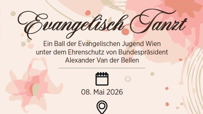 Einladungsplakat für einen evangelischen Tanzball in Wien am 8. Mai 2026 im Arcotel Wimberger.