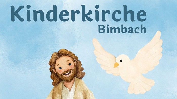 Ein fröhlicher Jesus mit einer Taube, der für eine Kinderkirchenveranstaltung in Bimbach am 10. Mai 2026 wirbt.