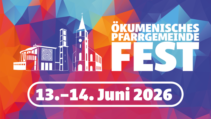 Plakat zum ökumenischen Pfarrfest mit den Terminen 13.–14. Juni 2026 und Kirchenillustrationen.