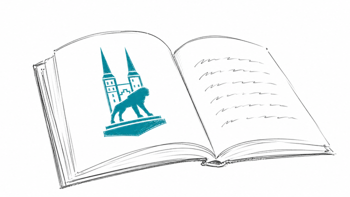 Skizze eines aufgeschlagenen Buches mit Logo des Doms