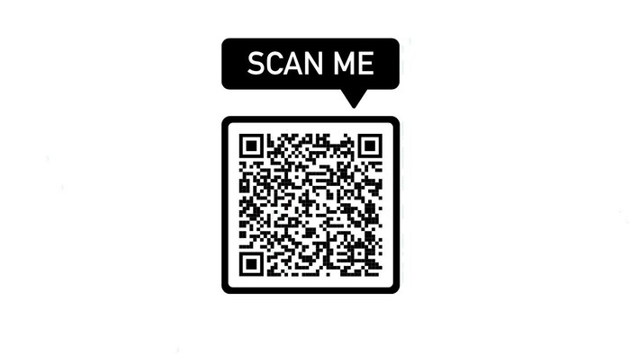 Ein QR-Code mit der Beschriftung „SCANN MICH“ und einer Sprechblase, die darauf zeigt.