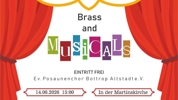 Plakat zur Bewerbung einer kostenlosen Brass-Musicals-Veranstaltung mit bunten Masken und Theater-Vorhang-Design am 14. Juni.
