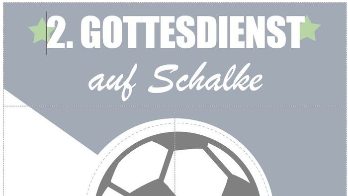 Plakat kündigt einen zweiten Gottesdienst im Fußballstadion Schalke mit Terminen und einem Fußball-Grafikelement an.