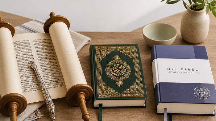 Auf einem hellen Holztisch liegen drei religiöse Schriften nebeneinander: links eine geöffnete Torarolle mit hebräischem Text, daneben ein silberner Torazeiger (Jad), in der Mitte ein kunstvoll verzierter Koran mit grün-goldenem Einband, rechts eine moder