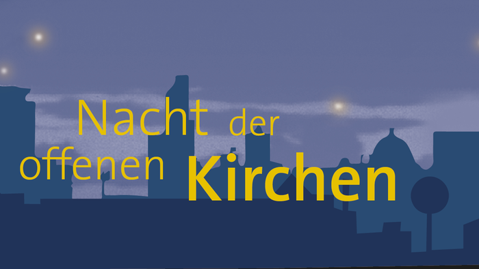 Illustration einer Stadt bei Nacht mit dem Text 