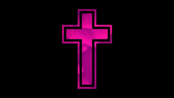 A glowing pink cross against a black background