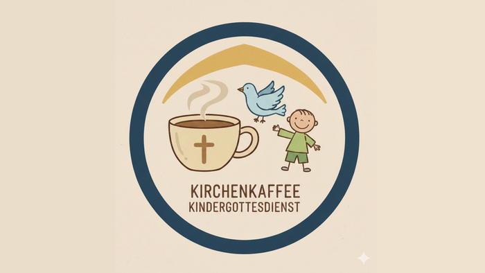 Illustriertes Logo für Kirchenkaffee und Kindergottesdienst mit einer Tasse, einer Taube und einem Kind.