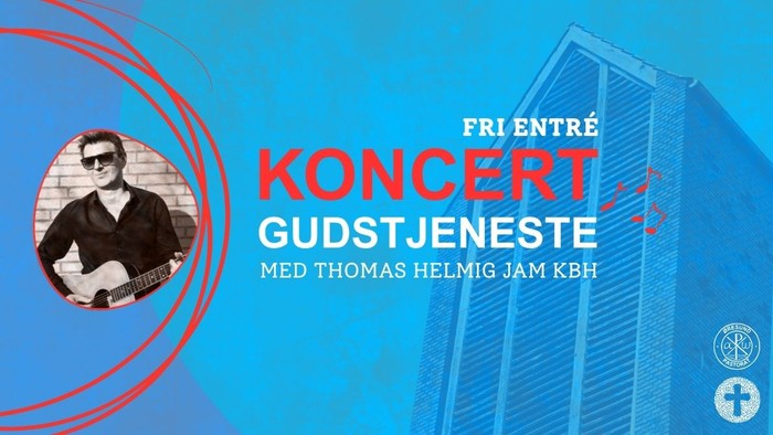 Gratis koncertannonce med musikeren Thomas Helmig, der optræder til en gudstjeneste i København.