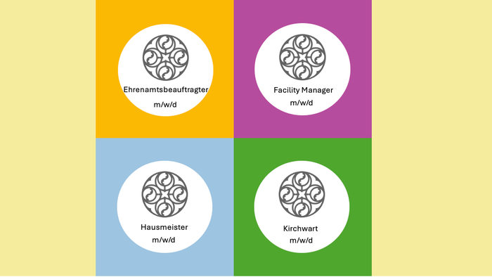 Vier farbige Quadrate mit jeweils kreisförmigen Logos und den Rollen: Ehrenamtsbeauftragter, Facility Manager, Hausmeister, Kirchwart.