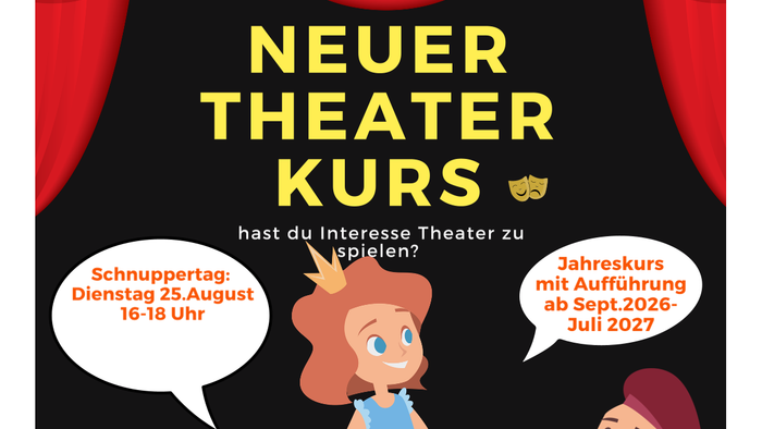 Ein buntes Plakat, das einen neuen Theaterkurs für Kinder ab 10 Jahren bewirbt, der im September 2026 beginnt – mit allen Details und Kontaktdaten.