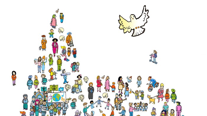 Vielfältige Menge bunter Cartoon-Figuren versammelt sich friedlich mit einer Taube, die Einheit symbolisiert, darüber.