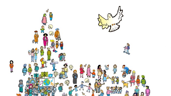 Vielfältige Menge bunter Cartoon-Figuren versammelt sich friedlich mit einer Taube, die Einheit symbolisiert, darüber.
