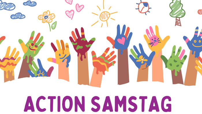Bunte Kinderhandabdrücke mit fröhlichen Gesichtern und dekorativen Elementen zur Feier des Events „Aktion Samstag“.