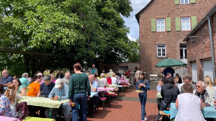 Menschen sitzen unter Bäumen an langen Tischen, essen und unterhalten sich.