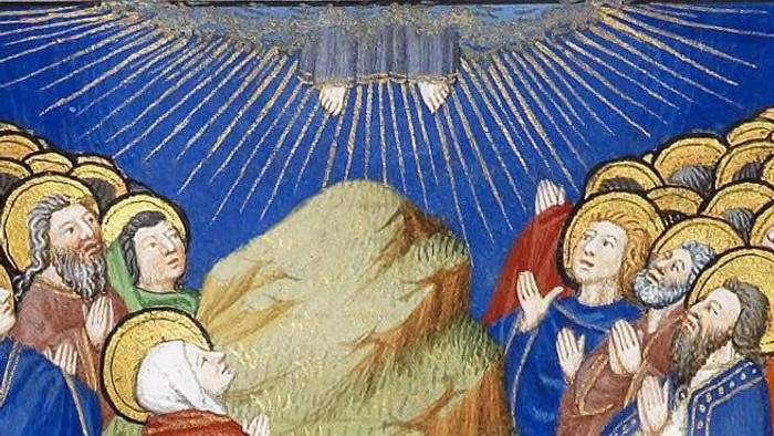 Religious scene with figures praying and a divine light shining down.