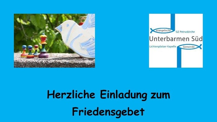 Einladung zu einer friedvollen Gebetsversammlung mit einer Taube und bunten Figuren auf einem Tisch.
